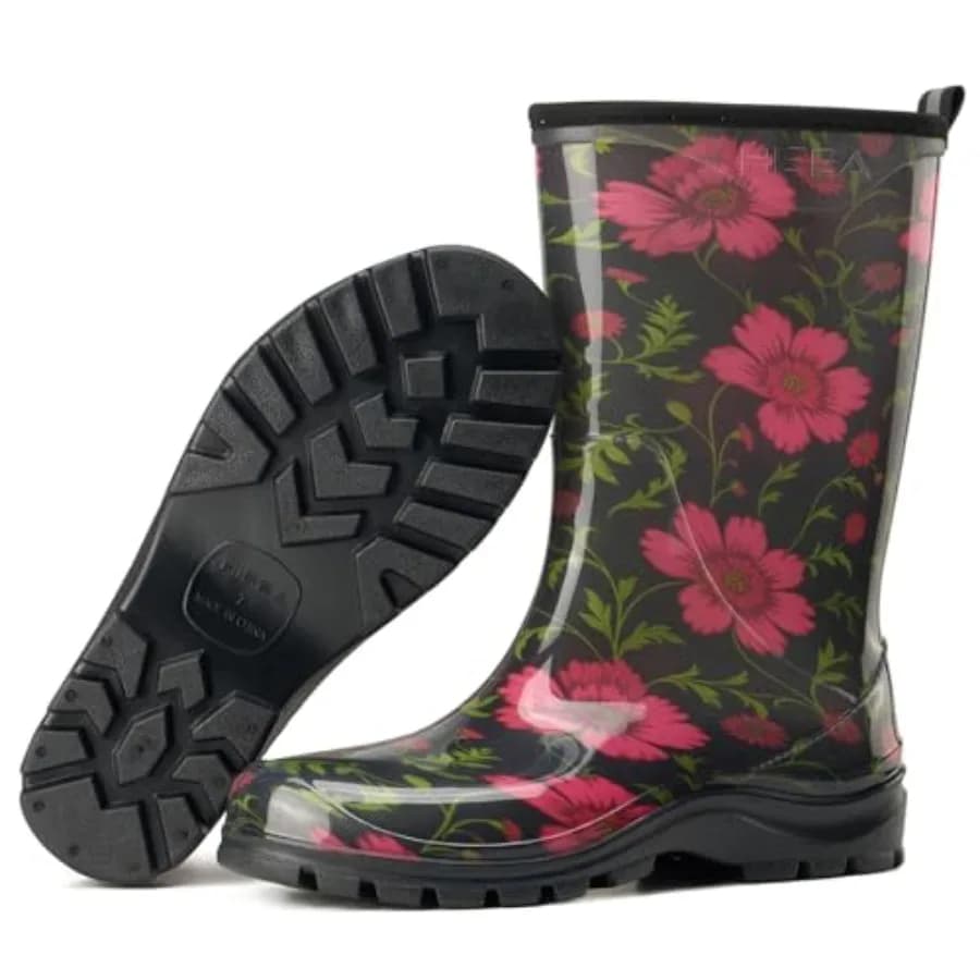 HISEA Women's Garden Boots, Upgraded Wide Round Toe Mid Calf Waterproof Rain Boots, Non-Slip PVC Mud Boots for Outdoor Farm Wor