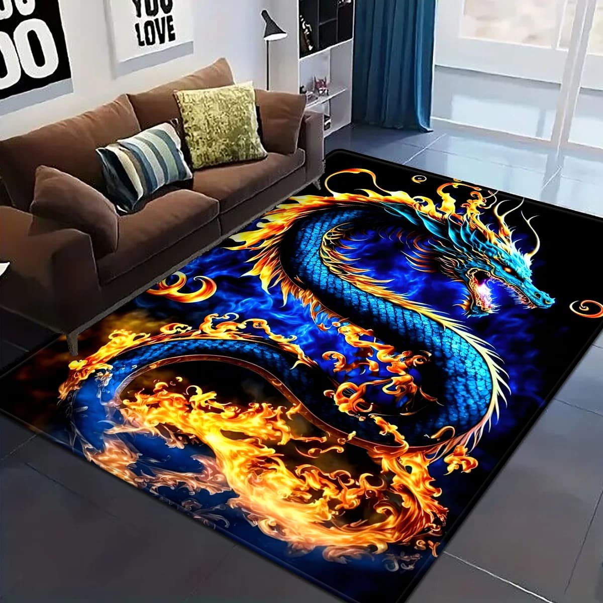 Tappeto Vivid Flame Dragon – Design drago blu fuoco e arancione, morbido poliestere resistente allo sbiadimento per camera da letto o soggiorno