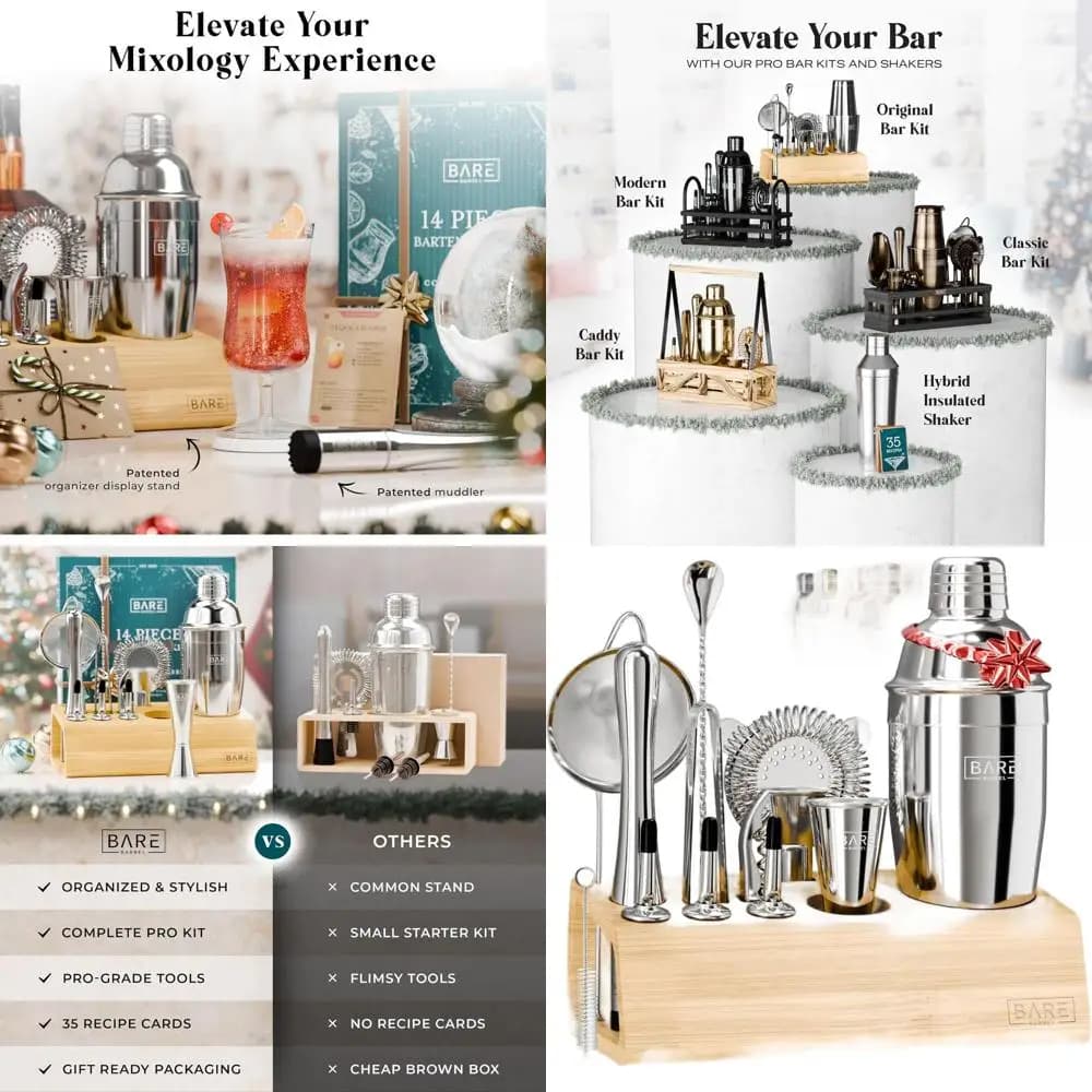Kit da cocktail da 14 pezzi con 35 ricette | Set Premium per Bartending Domestico | Shaker da 24 once | Naturale e Argento