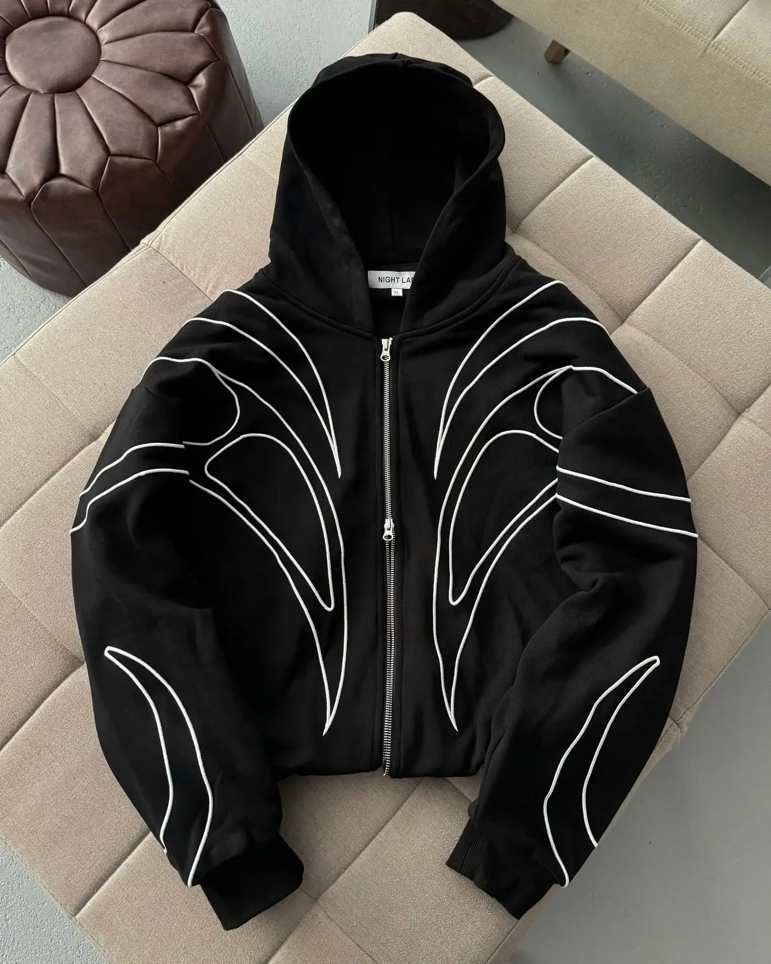 2025 New American Style Embroidery Hoodie Unisex Oversized Streetwear Hip Hop 2-Way Zipper Pullover Fashion Casual Sweatshirt