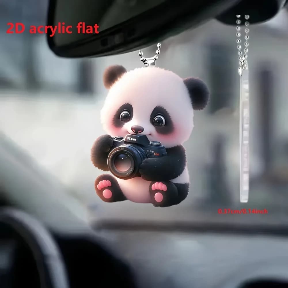 Portachiavi con ciondolo piatto in acrilico piatto 2D con fotocamera Panda Simpatico cartone animato Panda Ornamento per bambini Ciondoli Decorazione da appendere per borse per auto Regalo per feste