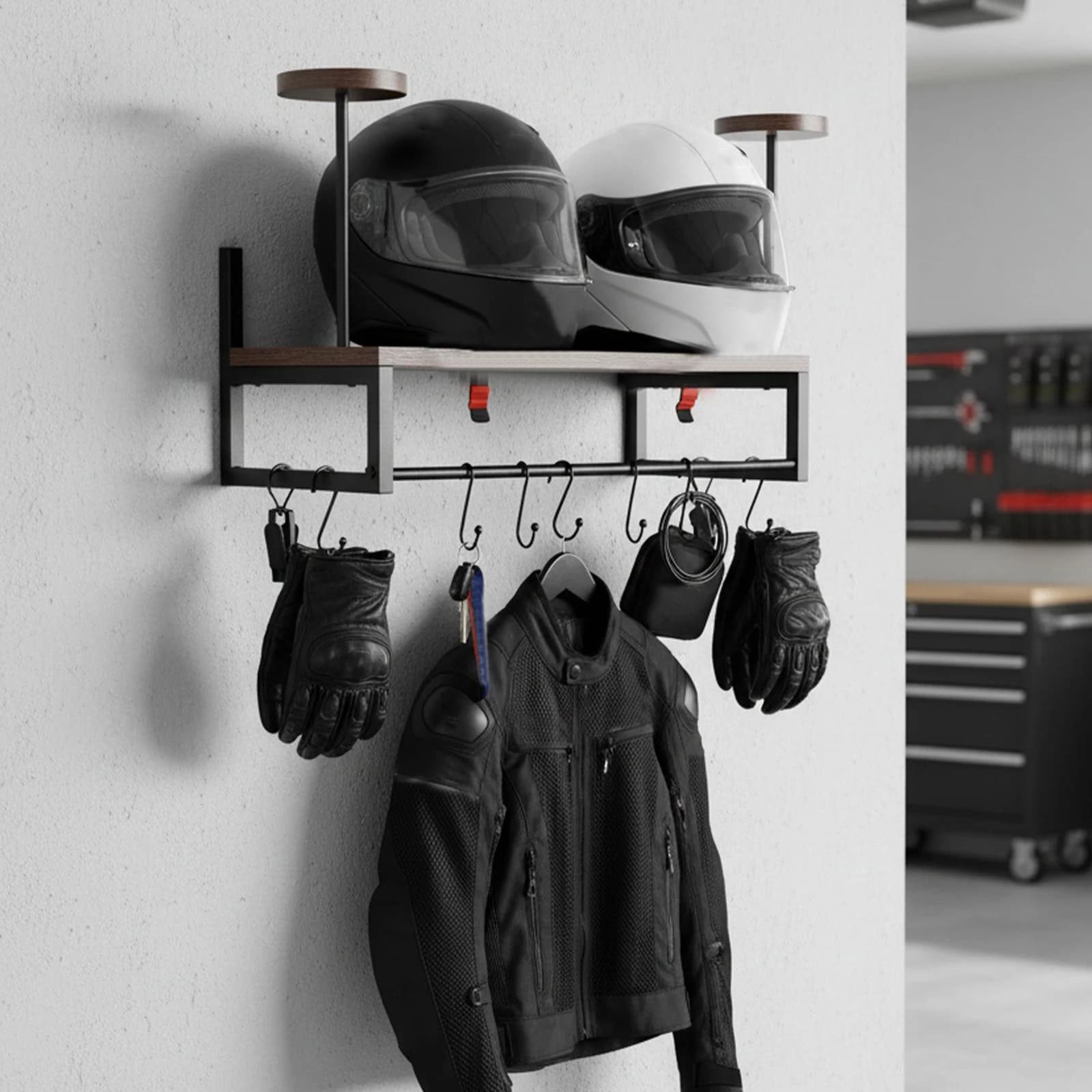 Supporto da Parete per Casco Moto, Organizzatore per Caschi in Legno con 2 Supporti per Cappelli, Appendi Casco per Accessori Moto
