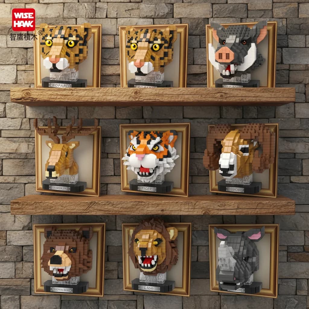 Creative Animal Head Statue Micro Building Blocks Lion Tiger Elk Brown Bear 3D Photo Frame Art Decorative Kids Educational Toys
