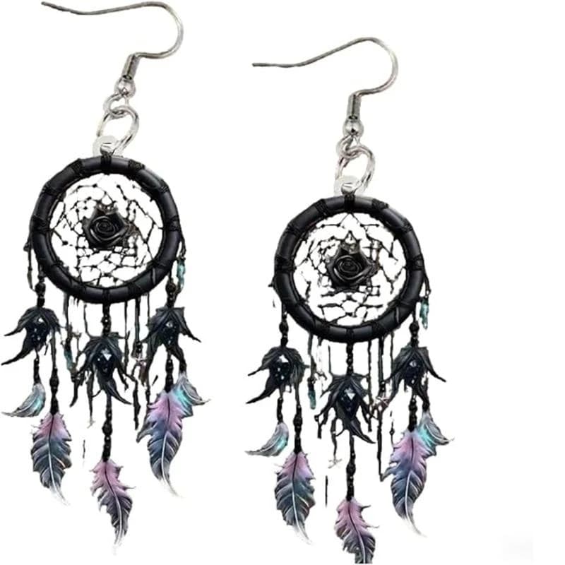 Bohemian Dreamcatchers Plume Earrings, Acrylic Bohemian Plume and Floral Earrings for Women, Colorful Dream Catcher Dangle for