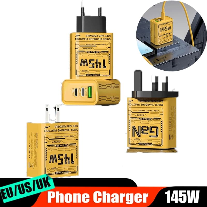145W 3-Port Type-C USB GaN Phone Charger For Iphone Huawei Xiaomi EU/US/UK PD Plug Fast Charging Travel Cellphone Power Adapter