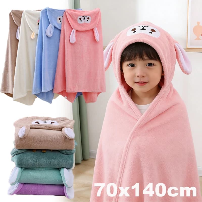 1-4PCS Baby Coral Fleece Hooded Towel Poncho Thick Absorbent Wearable Bathrobe Cartoon Embroidered for Child