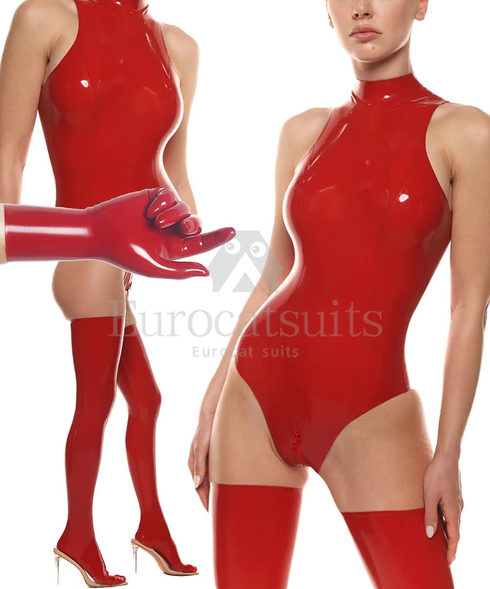 guanti in lattice FETISH donna rossa Gonna e top fatti a mano in gomma con cerniera Club Wear