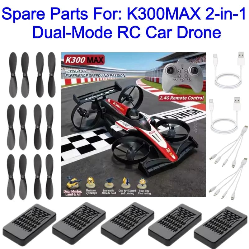 K300MAX Drone 2-in-1 Dual Mode Terra-Aria, Accessori per Auto da Corsa, Batteria 3.7V 500mA, Elica, Cavo di Ricarica USB, Ricambi
