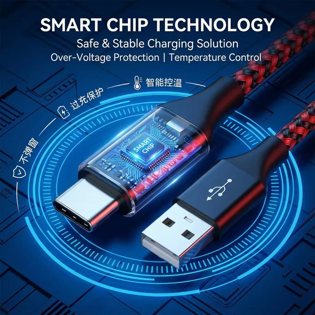Cavo USB-C con Chip Intelligente per Ricarica Rapida e Sicura, Filo Intrecciato per Samsung e Xiaomi con Protezione da Surriscaldamento