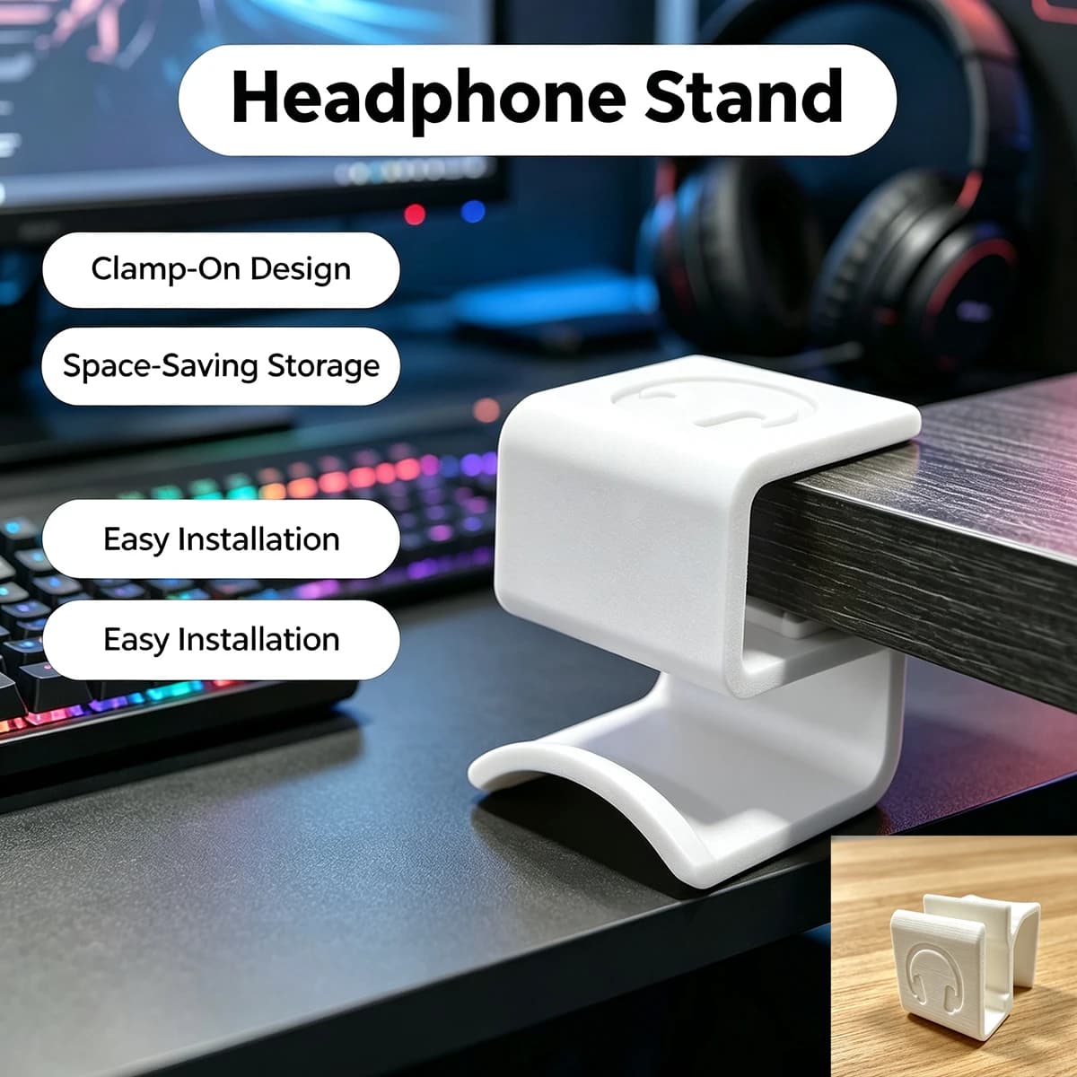 Clip-On Headphone Stand, No-Drill Hook for Over-Ear Headphones, Desktop Side Headphone Organizer, Gaming and Office Headphone Holder
