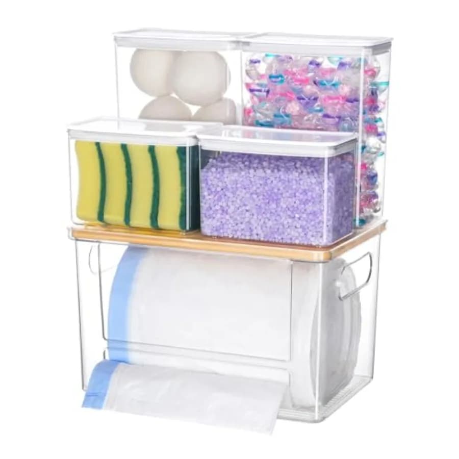 Dispenser per Sacchetti della Spazzatura, Contenitore per Capsule Lavastoviglie 5 in 1, Porta Sacchetti Sottolavello, Organizzatore in Acrilico per Detersivi e Capsule di Detersivo