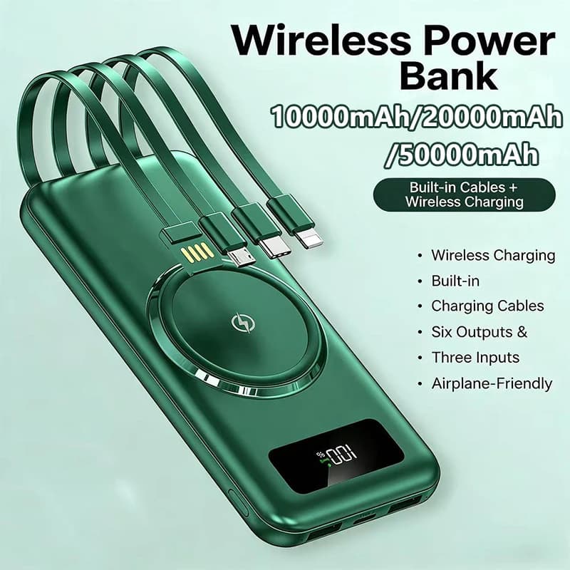 Power Bank 50000mAh Qi Wireless Charger Powerbank Built in Cable Portable Charger for iPhone 17 Samsung Huawei Xiaomi Poverbank