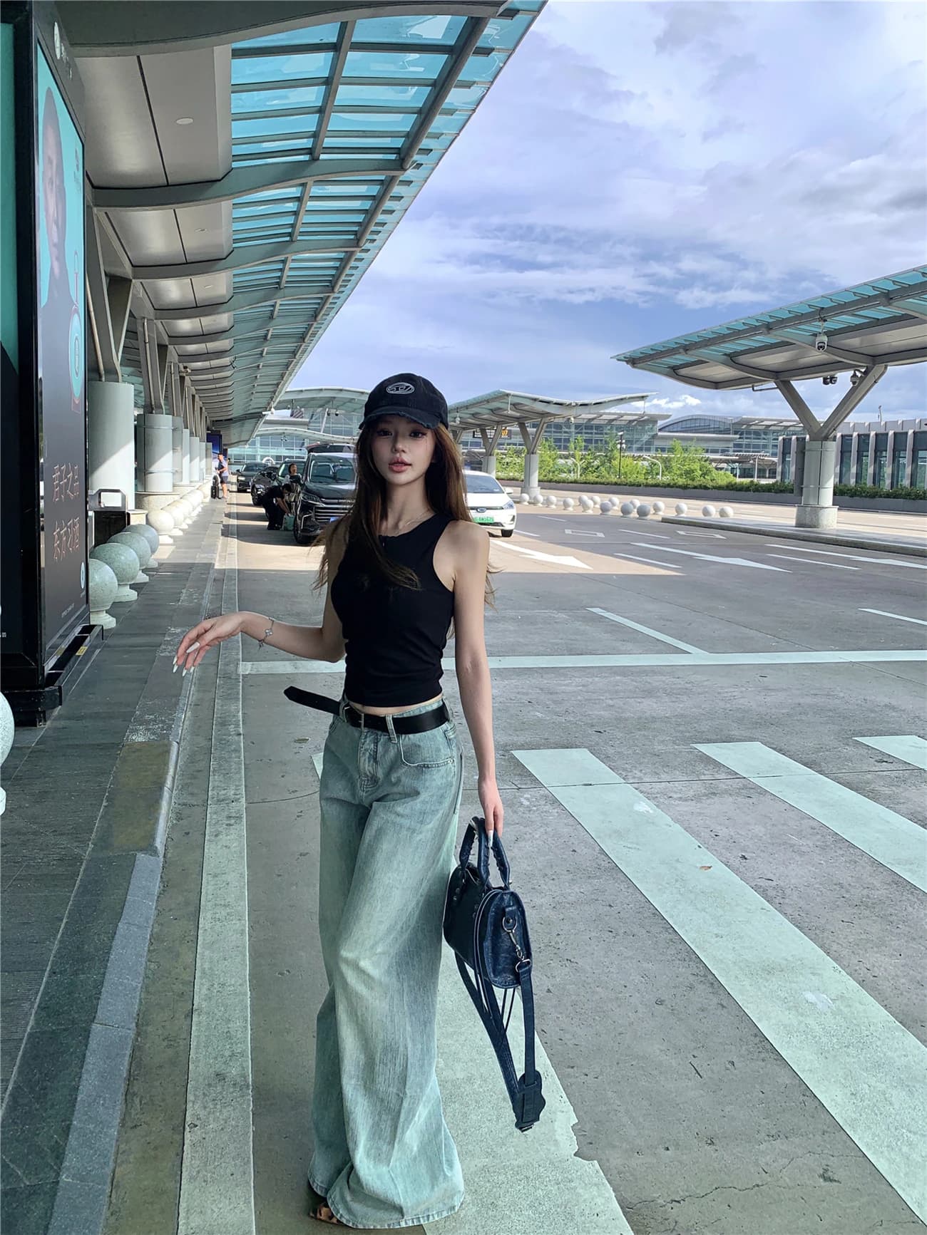 Spicy Girl Black Knitted X-Back Tank Top Women's Summer Set High Waist Wide Leg Jeans Two Piece Set Fashionable Casual Outfit