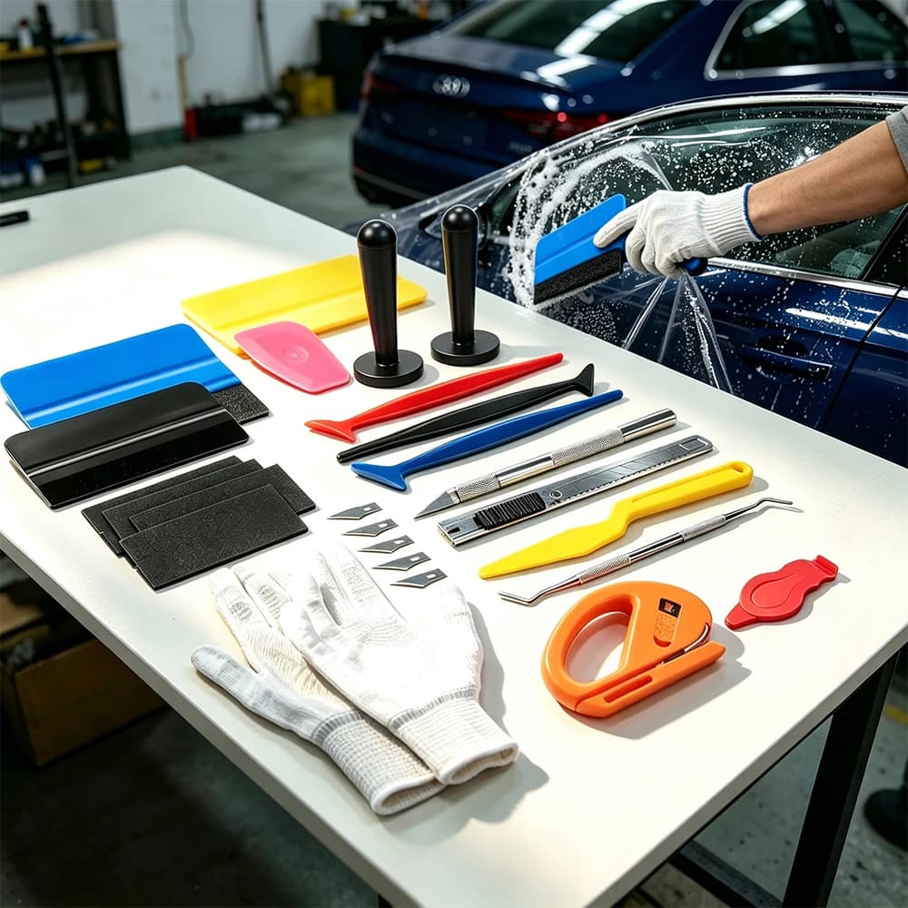 Kit di tinta per finestre Strumenti per avvolgere l'auto con raschietto in feltro Coltello multiuso Guarnizione per gambo Seccatoio Kit di supporto magnetico per avvolgimento in vinile Strumento di copertura