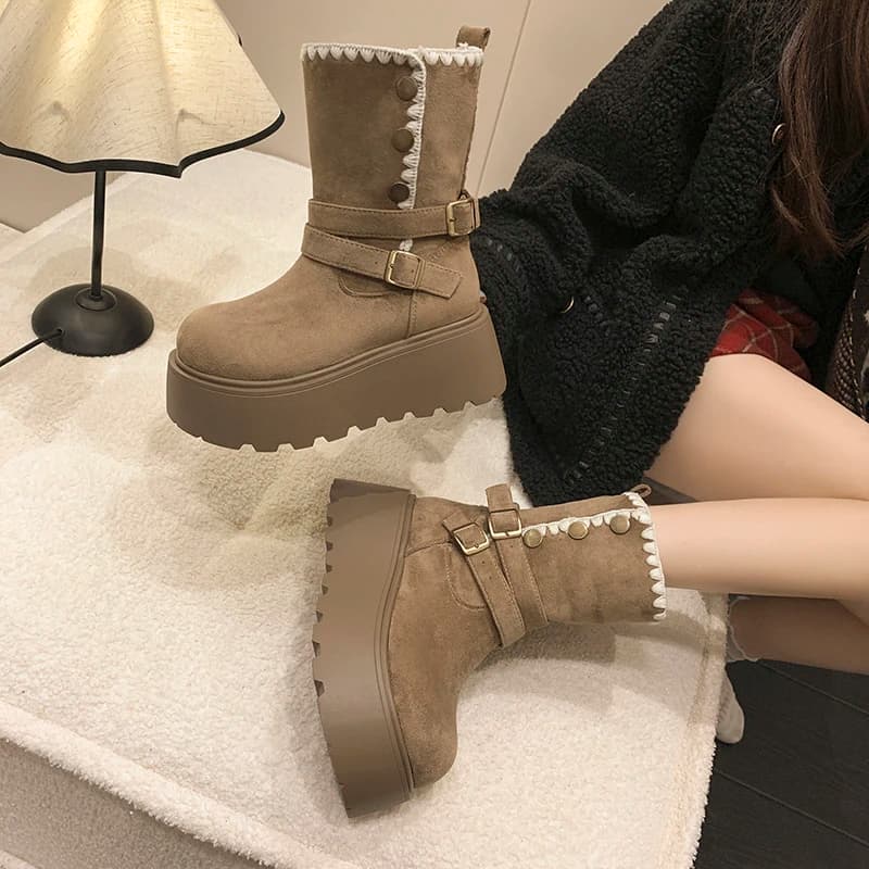 Winter Platform Thick Bottom Women Ankle Boots Height Increase Punk Women's Shoes Female Belt Buckle Slip on Short Booties