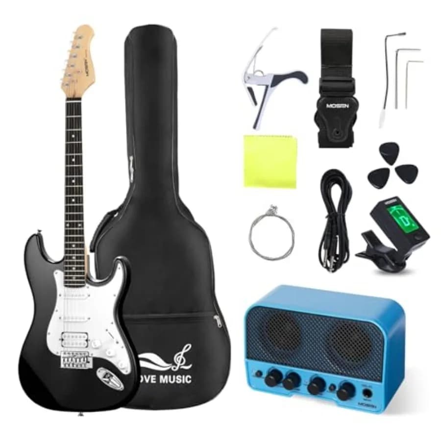 MOSEN Kit Chitarra Elettrica per Principianti 39 Pollici con Amplificatore, Pickup Single-Coil e Humbucker, Borsa, Plettro, Accordatore, Capotasto