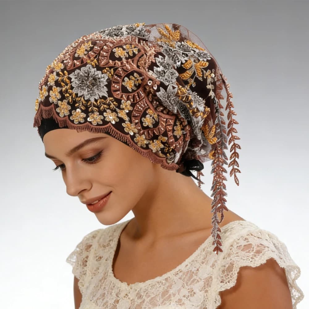 Nuovo etnico nappa foulard in rilievo ricamo turbante di lusso nappa cofano donne musulmane hijab pizzo festa di nozze copricapi berretti