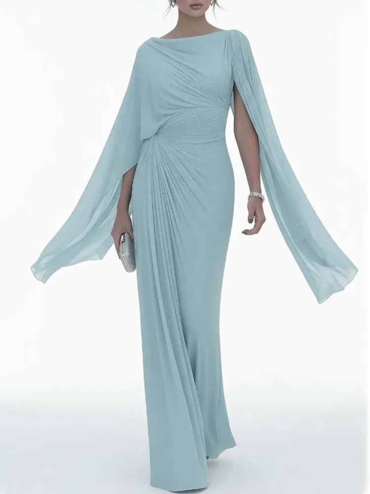 Elegant High Waist Solid Color Banquet Dress Lady Leisure Irregular Long Sleeve Dress Sexy Slash Collar Pleat Slim Evening Dress