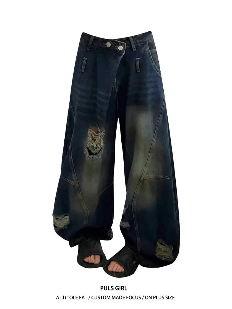Jeans in denim da donna a vita alta, gamba larga, stile street americano, effetto sbiadito, taglio a coltello, taglie forti, casual, Primavera Estate 2025
