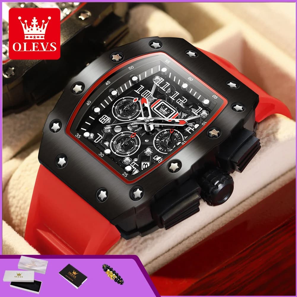 OLEVS 3608 Chronograph Quartz Watch for Men Waterproof Square Dial Rubber Strap Date Display Luminous Sport Outdoor Mens Watches