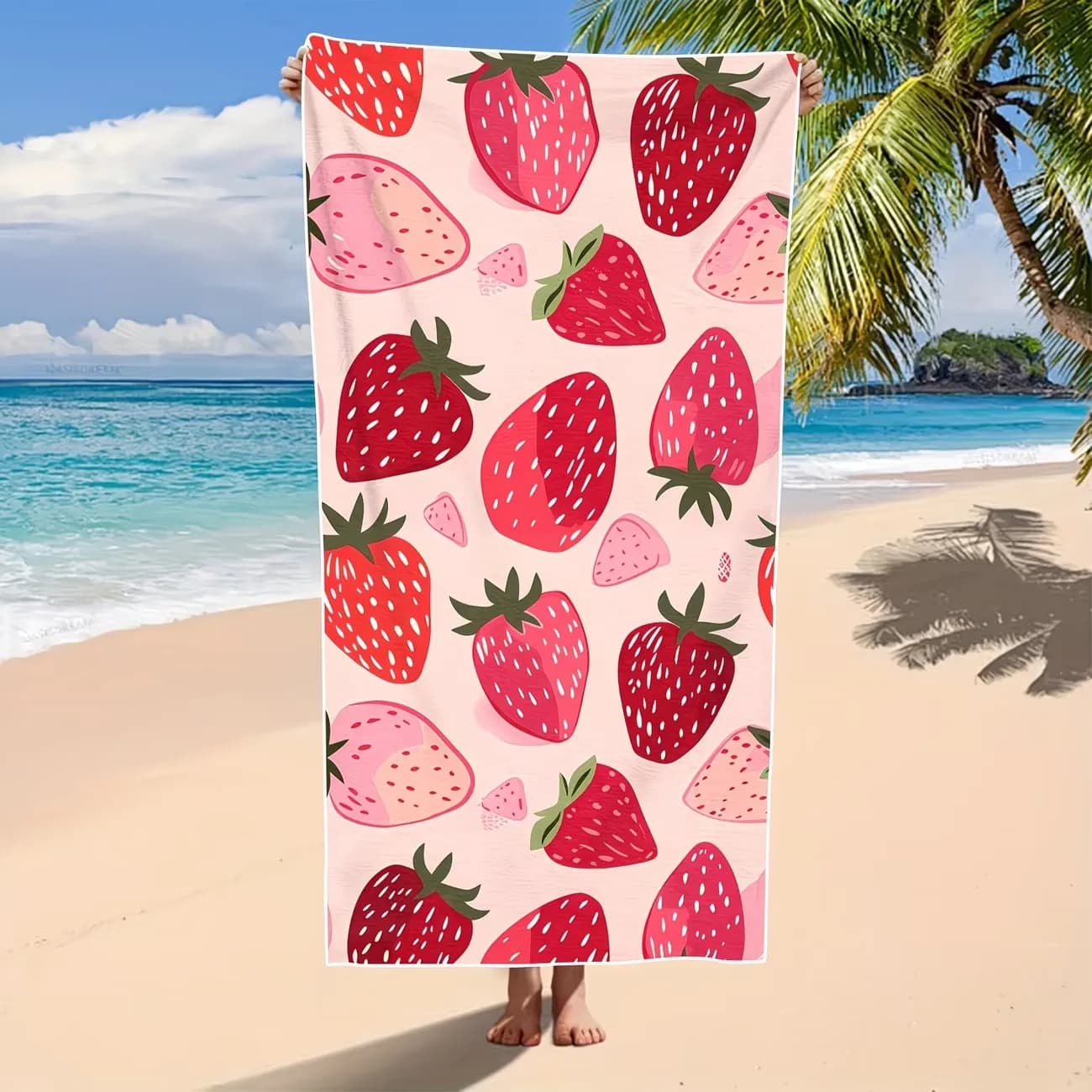 Telo Mare in Microfibra a Forma di Fragola - Asciugatura Rapida, Anti-Sabbia, per Viaggi Estivi, Piscina e Sport in Riva al Mare