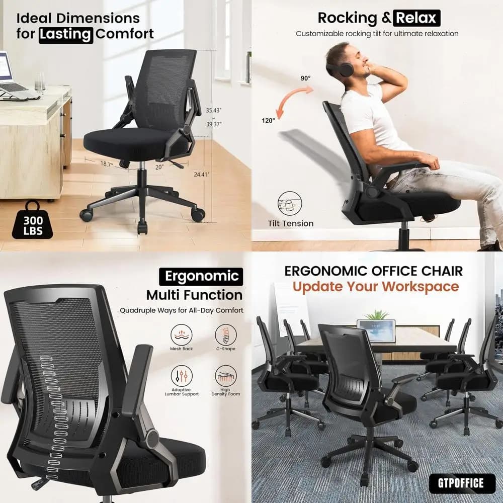 Comoda sedia ergonomica in rete con schienale medio, supporto lombare regolabile e braccioli ribaltabili per casa, gaming e ufficio.