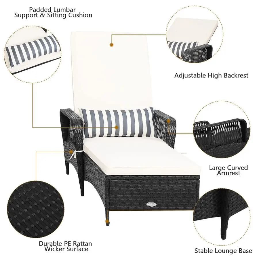 Sdraio da Giardino in Rattan con Cuscino Spesso, Cuscino Lombare e Schienale Regolabile per Patio e Veranda