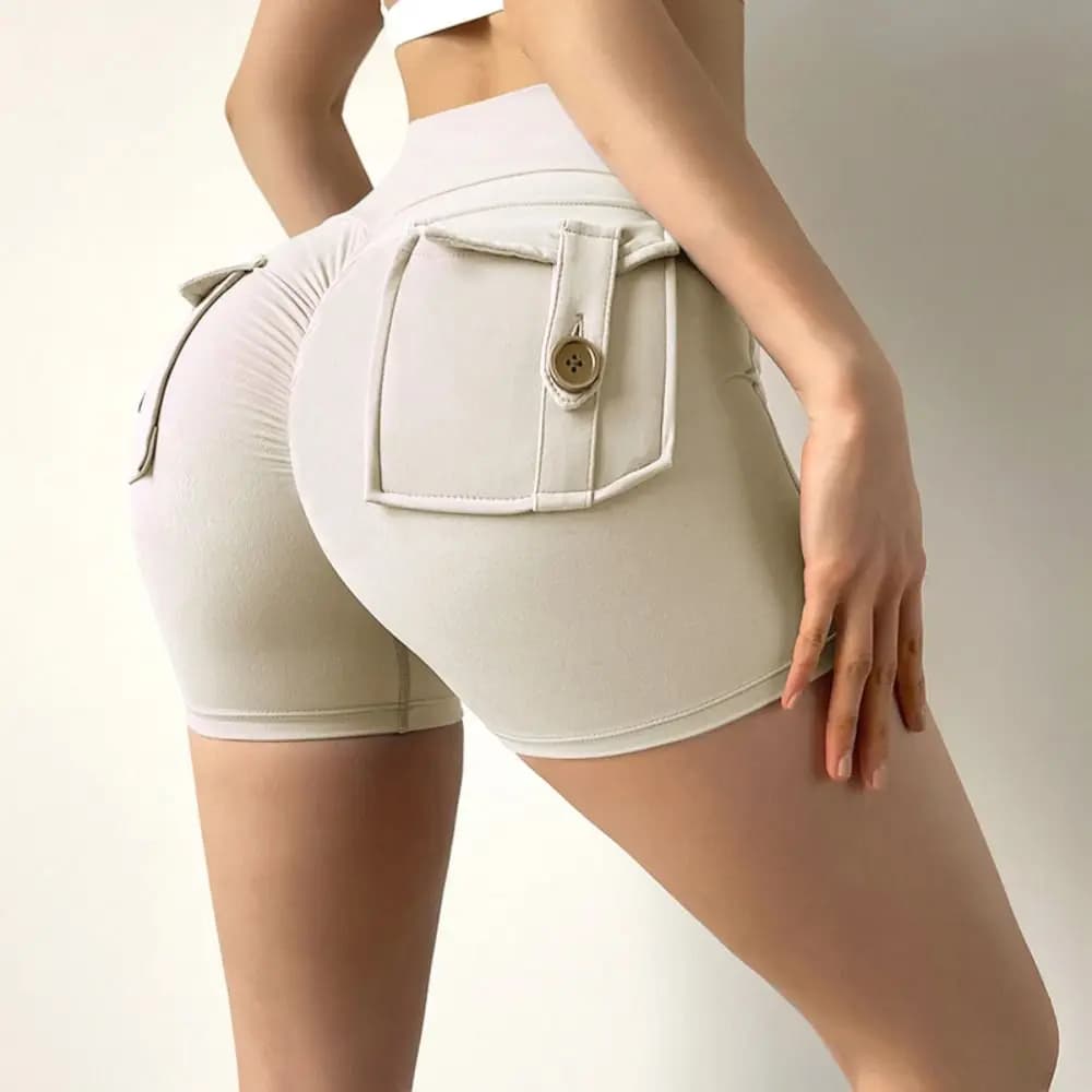 Pantaloncini da palestra con tasca a vita alta Pantaloncini traspiranti scrunch color pesca con pantaloncini da yoga push up con glutei tascabili per ciclismo da donna