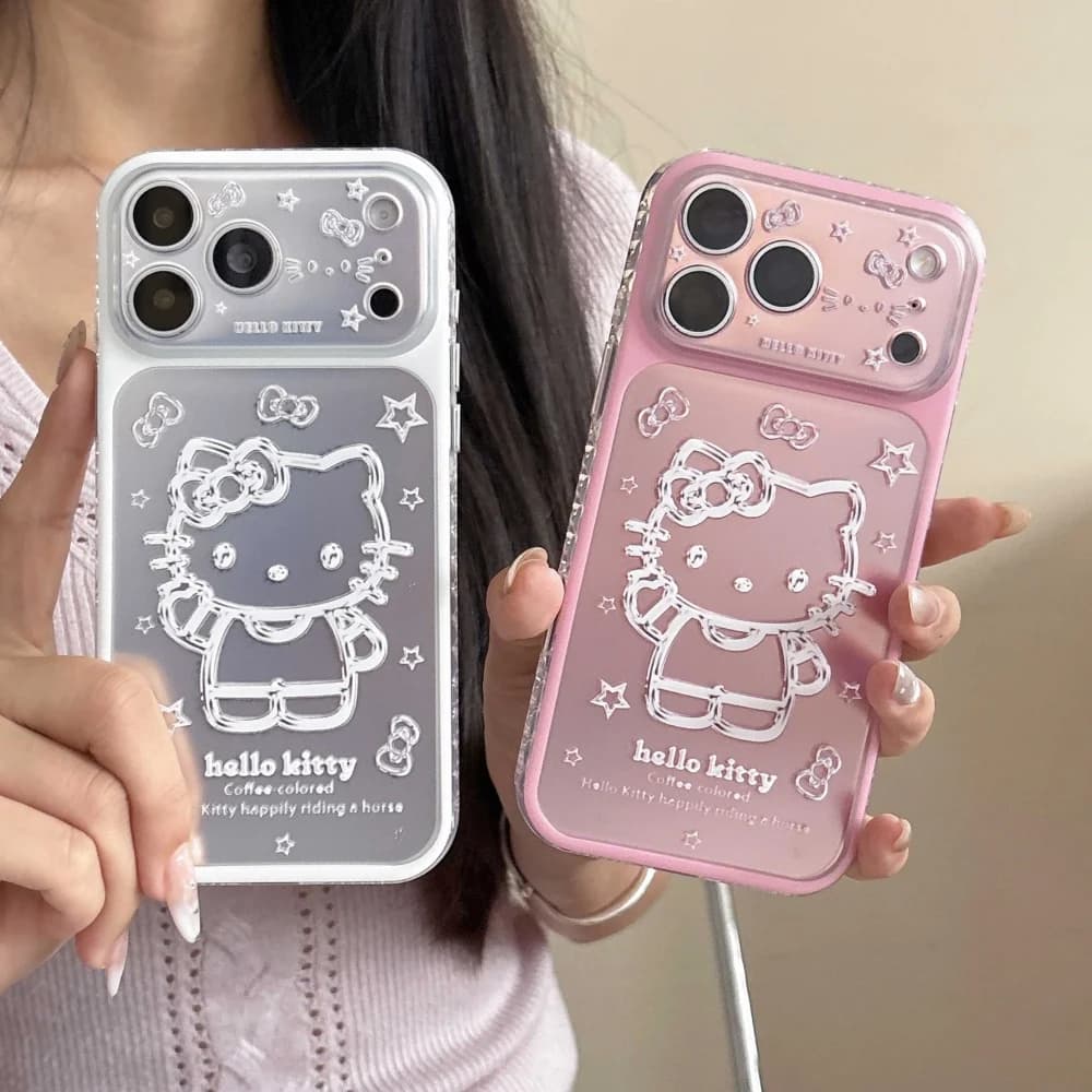Cute Cartoon Pink Silver Bottom Star KT Head Phone Case for IPhone 15 Pro 16 17 Pro Max Shockproof Camera Protective Back Cover