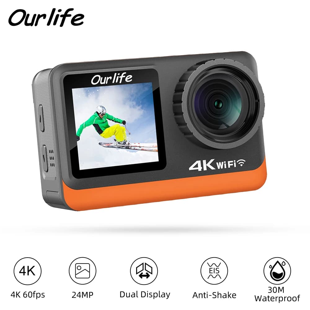 Ourlife 4K60FPS Action Camera 2.0 Touch Schermo IPS 24MP Wi-Fi 170D EIS 30M Casco impermeabile Webcam Zoom 4X Opzionale 6 filtri