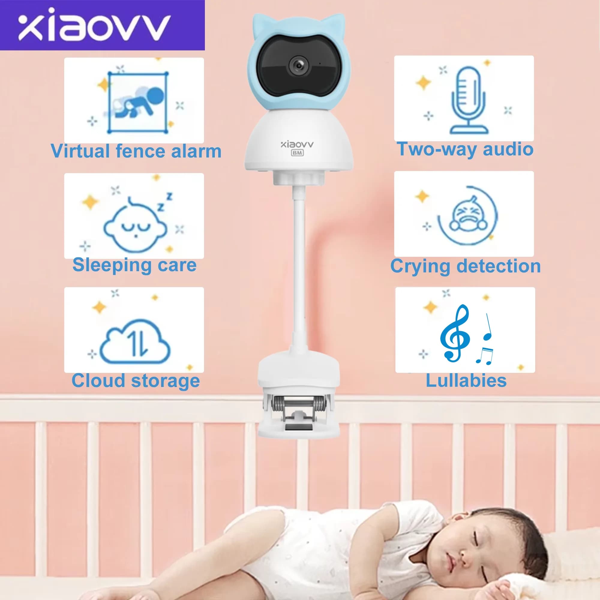 Baby monitor da interno xiaovv WiFi da 4 MP Audio bidirezionale Rilevazione movimento Visione notturna Telecamera per bambini per la sicurezza domestica 360 °