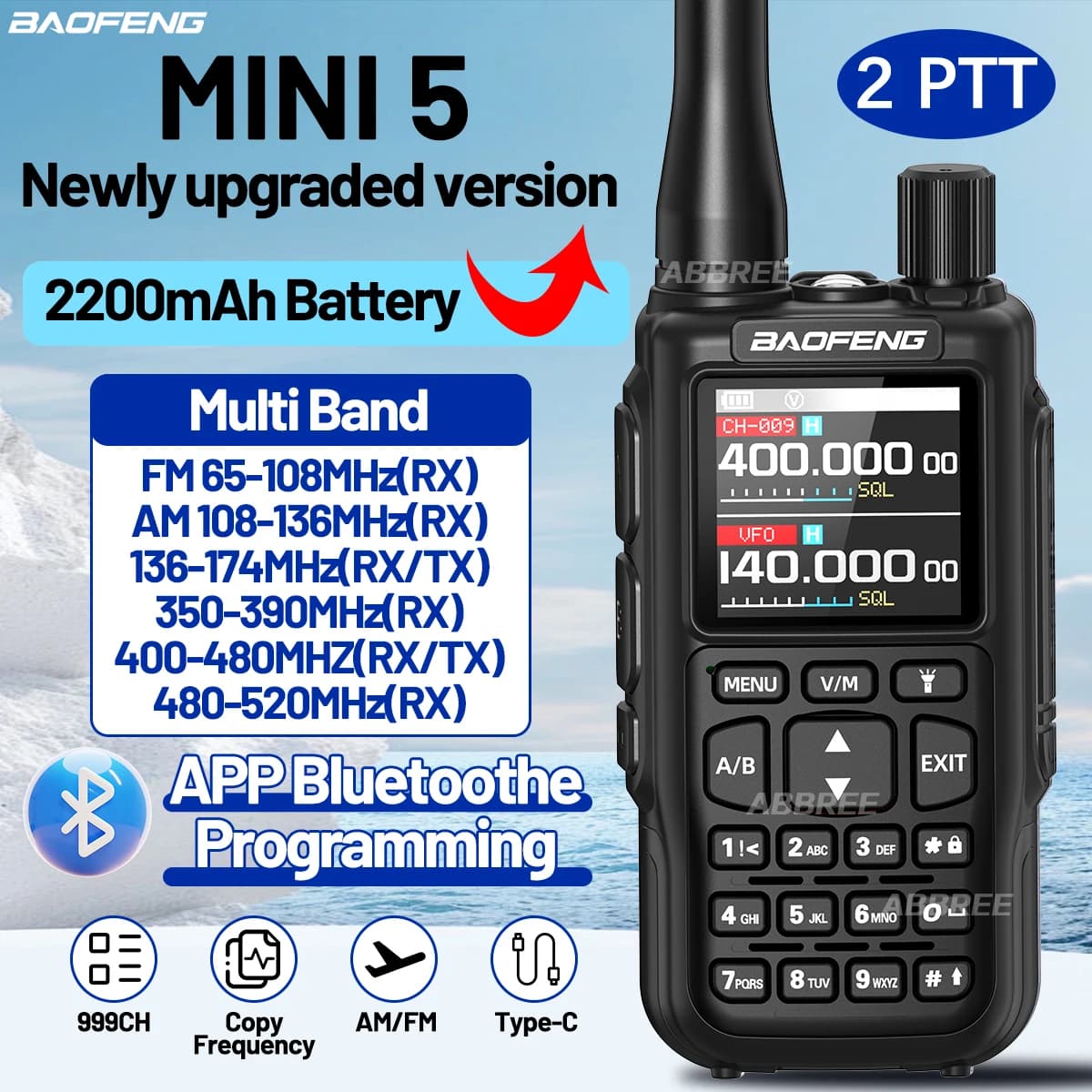BAOFENG MINI 5 Radio Bidirezionale con Batteria Li-ion 2200mAh, Bluetooth, Doppio PTT, Lunga Distanza, Versione Aggiornata 5R MINI Radio Portatile
