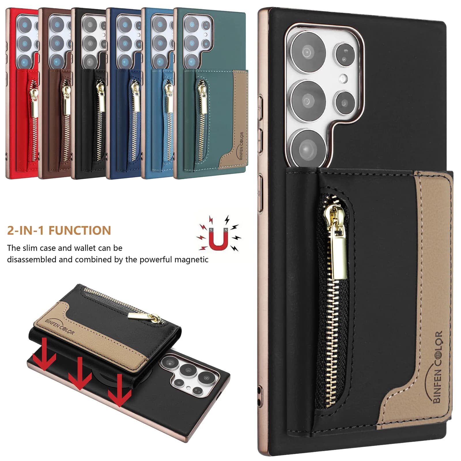 Custodia per telefono a portafoglio in pelle con cerniera RFID magnetica per Magsafe per Samsung Galaxy S25 Ultra S24 S23 S22 Plus S21 FE Slot per schede Cover
