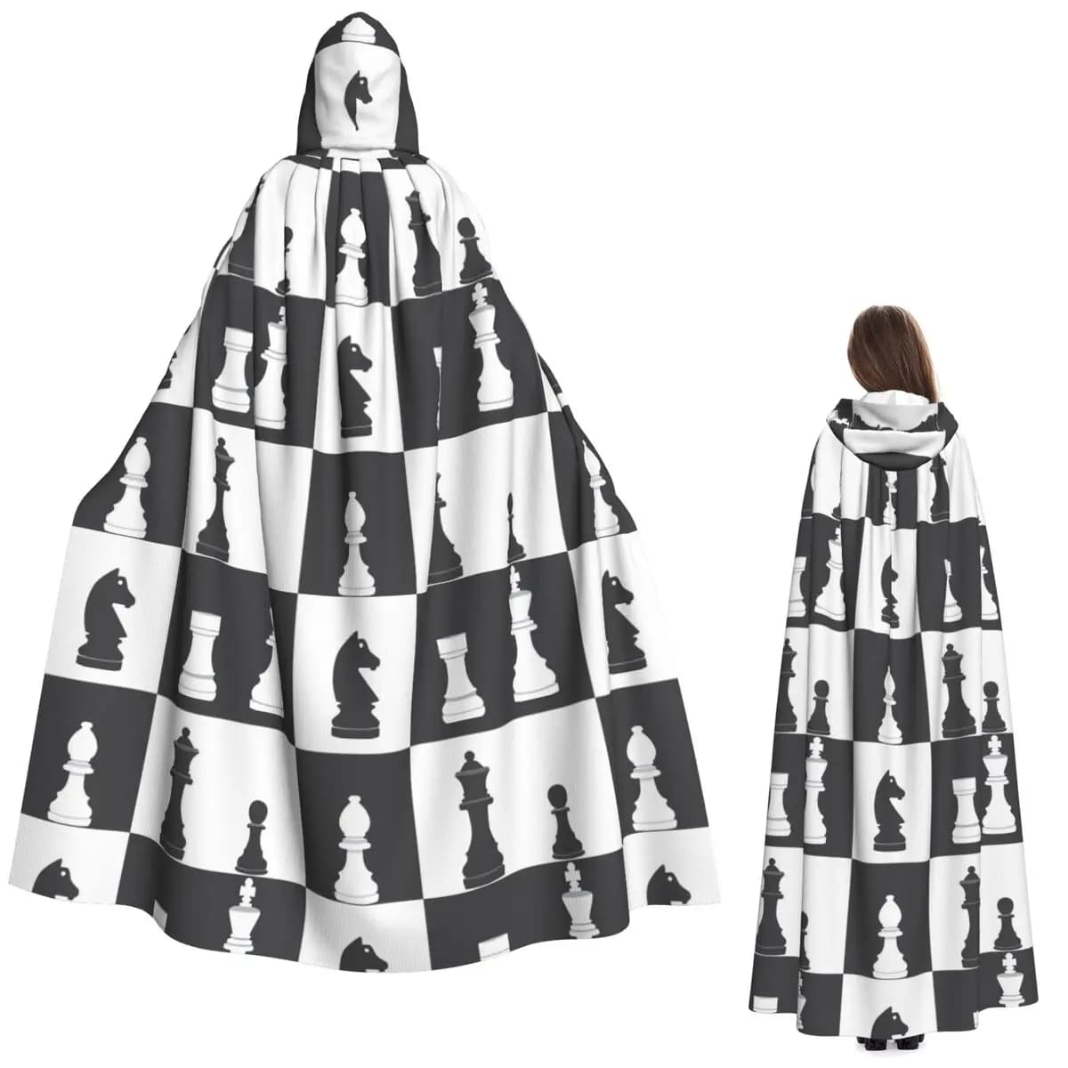 Chess Pieces On Board Long Hooded Cloak Witch Medieval Costume Cosplay Cape HalloweenParty Adult Unisex