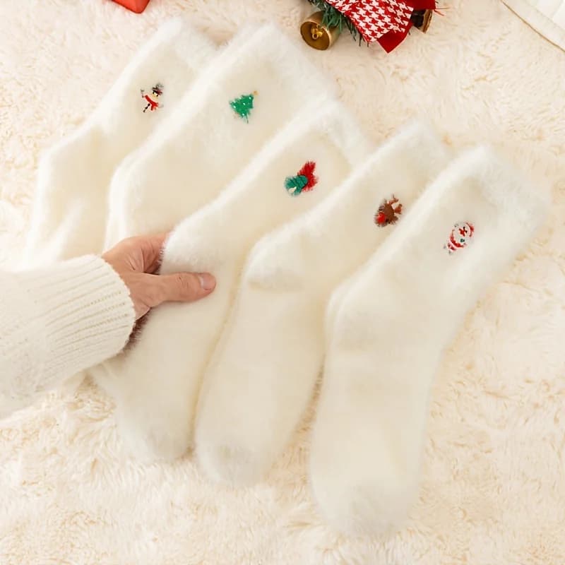 5-Pair White Plush Christmas Socks for Teens, Mid-Calf Thickened -Lined Warm Socks, Winter Slouchy Floor Socks, for Teenager