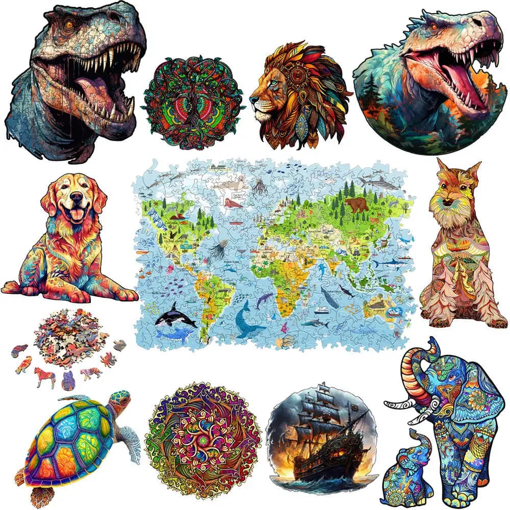 DIY Wood Jigsaw for Kids Adult Interesting Map of The World Wooden Animal Puzzle High Quality Puzzles Brain Twister Toys