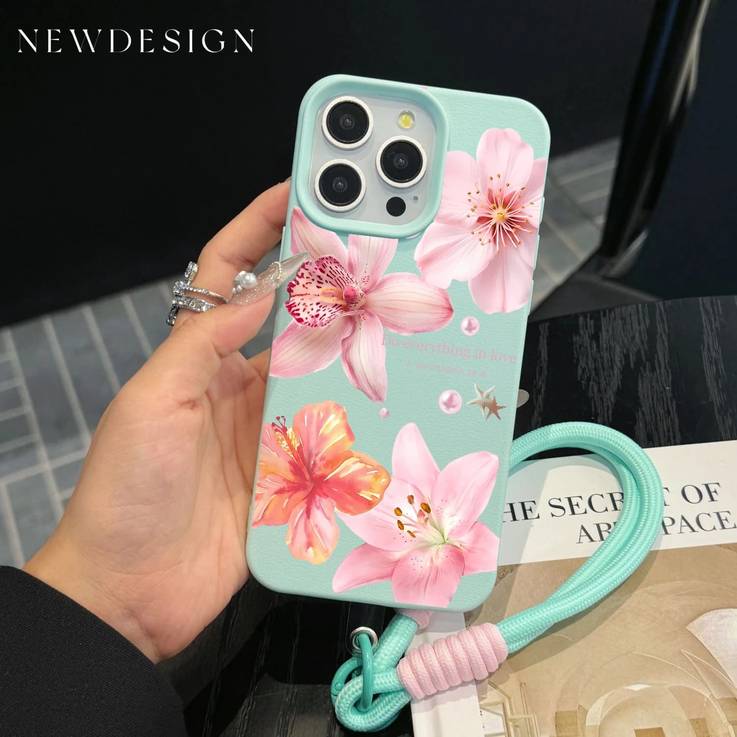 Silicone Phone Chain Lanyard Case For iPhone 17 16 13 15 14 12 Pro Max 11 Plus Shockproof Lichee Pattern Luxury Pink Lily Cover