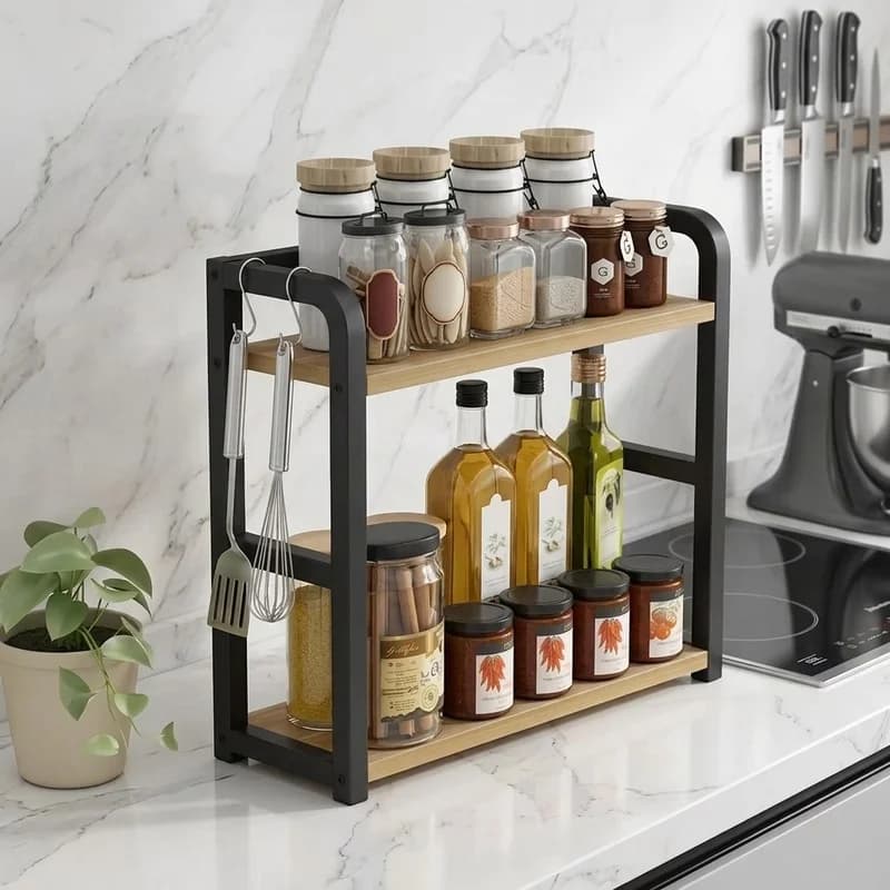 2-Tier Metal Countertop Shelf Kitchen Organizer Rack for Coffee Mugs and Condiments, Space-Saving Rustproof Storage Shelf.