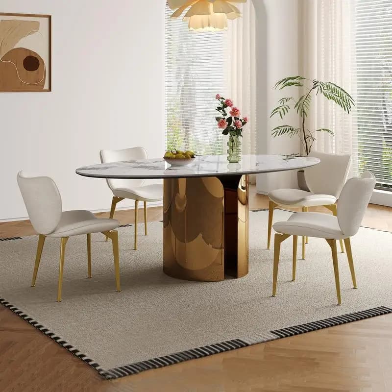 Tavolo da pranzo ovale da 70,9 pollici con base in acciaio inossidabile ramato, design unico con gambe, robusto e stabile, perfetto per cucina, sala da pranzo