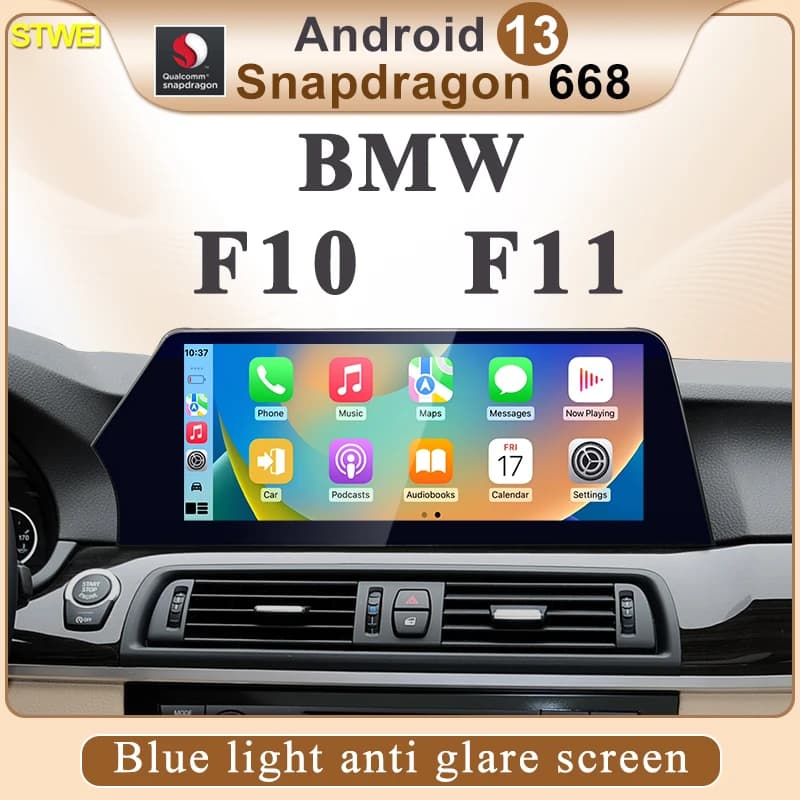 Schermo STWEI Android 13 con tecnologia anti-riflesso e luce blu ridotta, adatto per BMW Serie 5 F10 F11, con CarPlay wireless e sistema multimediale AUTO per auto.