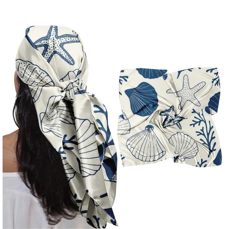 1pc 35-Inch Headscarf, Soft and Stylish Shell and Starfish Pattern, Skin-Friendly and Breathable, Perfect for Daily Outings, Shopping, Dates, Weekend Leisure, Beach Vacations, Seaside Strolls, and Suburban Excursions, Eye-Catching Fashion Accessory