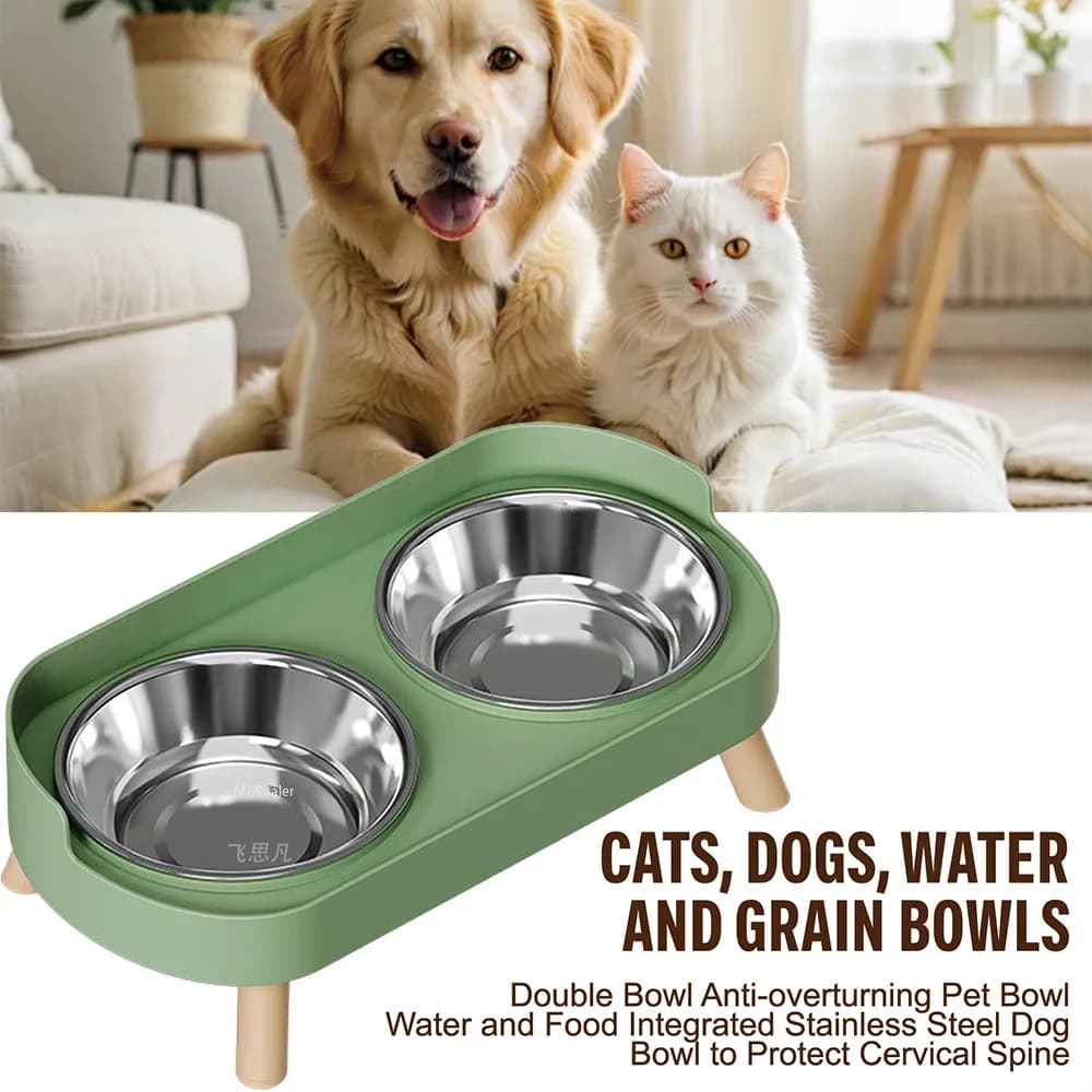 Elevated Dual Bowl Pet Feeder Stainless Steel Anti‑Slip Food Water Bowl Raised Cervical Protection Pet Feeding Bowl Pet Supplies