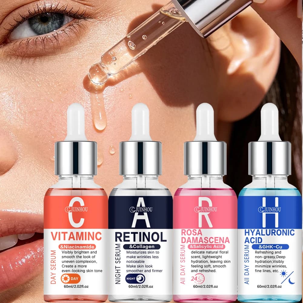 JUINHOU Set di 4 Sieri Idratanti Illuminanti con Vitamina C, Retinolo, Rosa e Acido Ialuronico 4in1 per Pelle Radiosa e Giovane