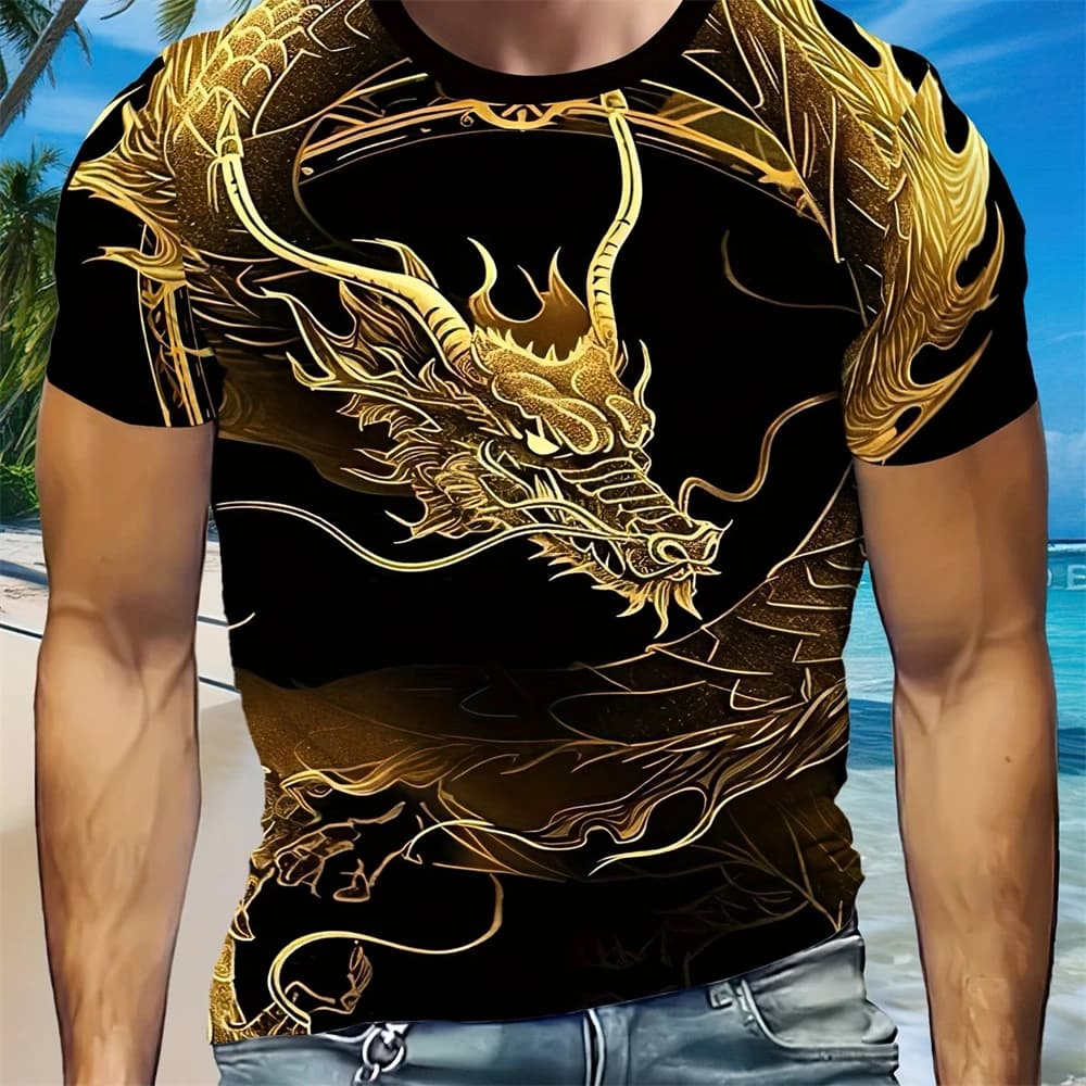 Summer Men's Street Fashion 3D Digital Animation Style Roaring Cool Dragon Pattern Round Neck Short Sleeved T-shirt Top