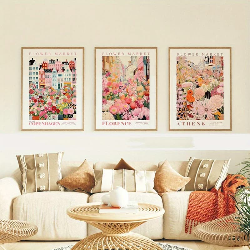 3 poster moderni su tela con motivi floreali, senza cornice, decorazioni botaniche da parete, poster con fiori rosa per decorazioni del soggiorno
