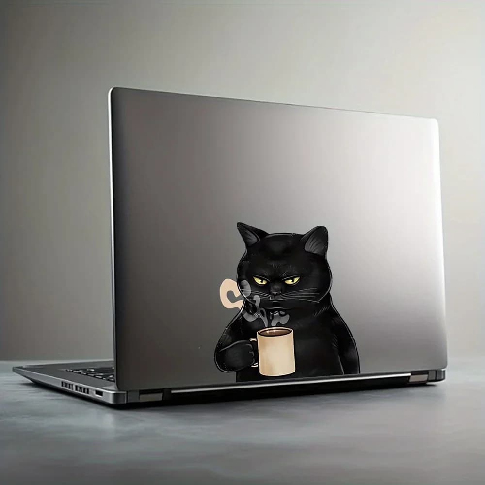 A cute cartoon cat drinking coffee sticker - matte vinyl self-adhesive flower for laptop, home and car decoration