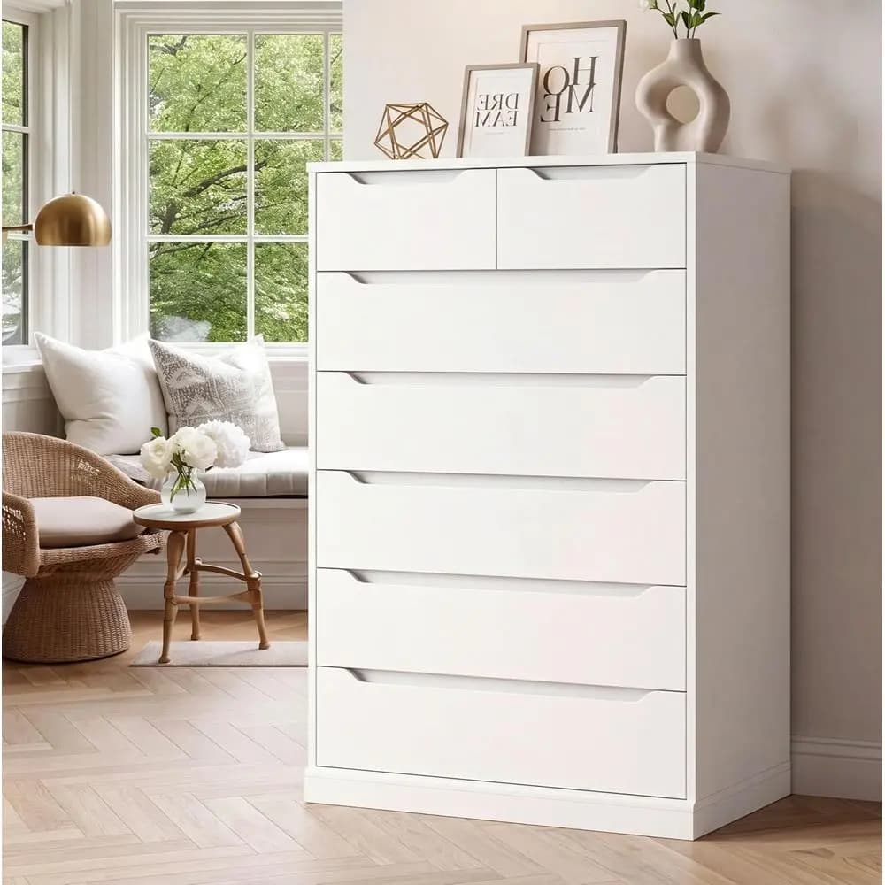 51 High 7 Drawer Dresser, White, Wooden Dressers & Chests with Cut-Out Handles, Upright Dresser Chest, Accent Drawers for Living