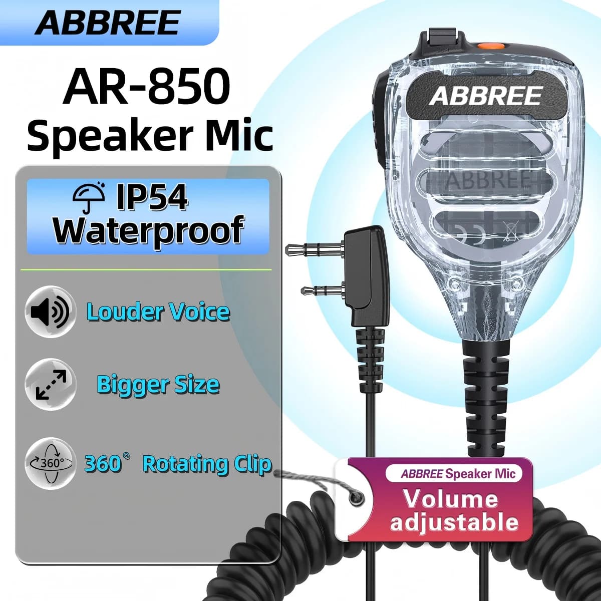 BAOFENG BF-850 Walkie Talkie Speaker MIC IP54 Waterproof Dual PTT Adjustable Volume for BaoFeng UV-5RH UV-21PRO AR-39 Ham Radio