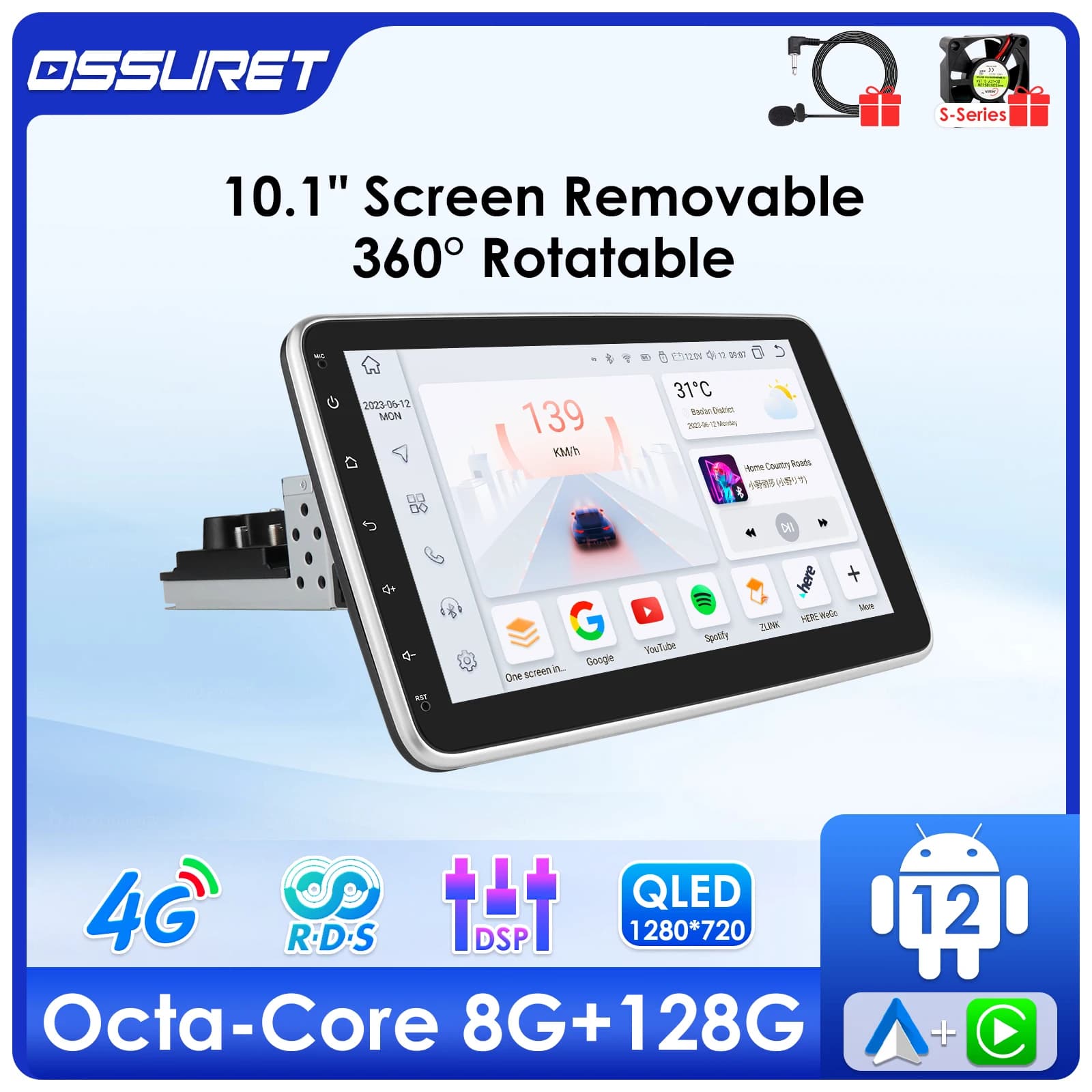 10.1 "1 DIN Android Autoradio Autoradio GPS per auto universale Stereo Video Lettore multimediale USB con schermo ruotabile AI Carplay