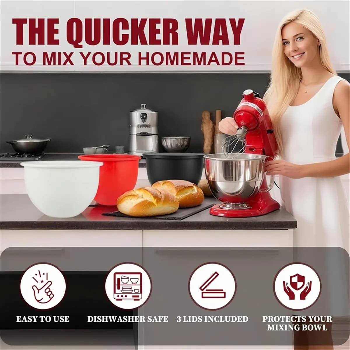 5 QT Tilt-Head Mixer Silicone Bowl Covers with Covers Kitchen Mixer Accessories Black